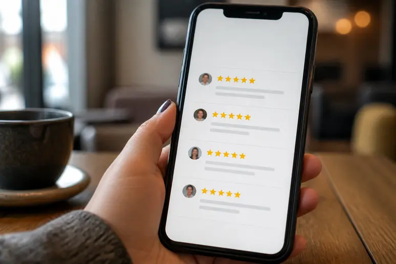 Un smartphone affiche des avis en ligne pour un salon de coiffure lillois, illustrant la recherche d'avis clients avant une visite.