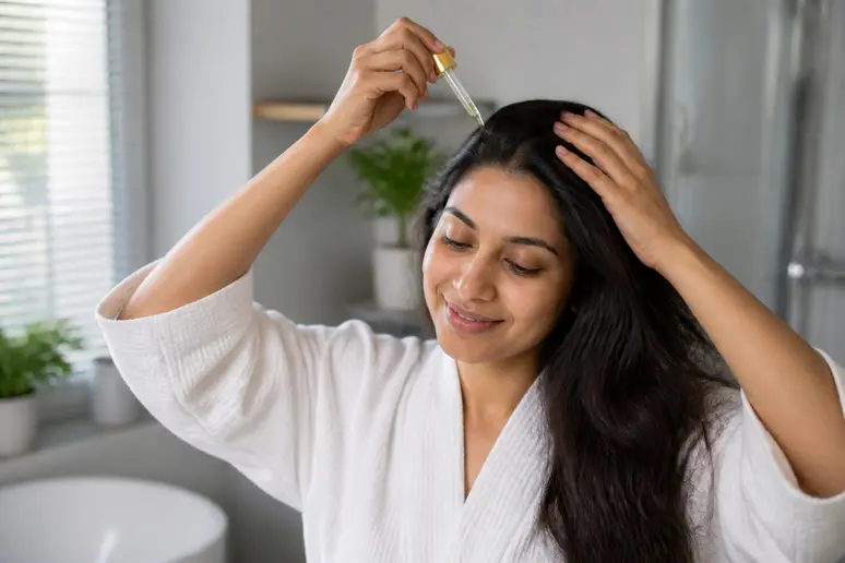 Une femme souriante applique une huile capillaire sur son cuir chevelu, profitant de la lumière naturelle pour un soin revitalisant.