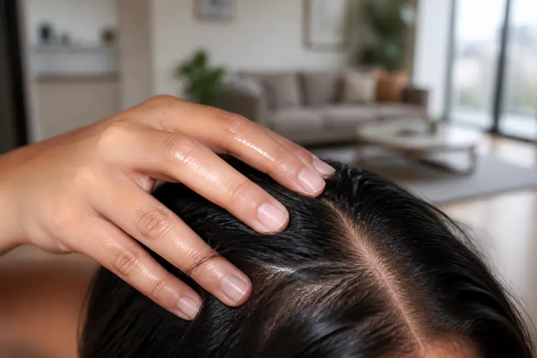 Application d'une huile capillaire sur le cuir chevelu par massage doux pour stimuler la circulation et favoriser la croissance.