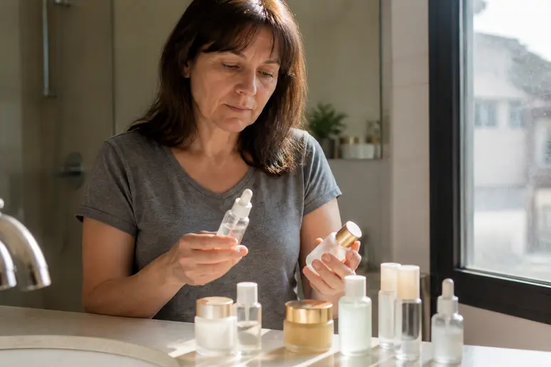 Une femme française choisit méticuleusement des produits de soin japonais dans sa salle de bain lumineuse, sélectionnant pour sa peau.