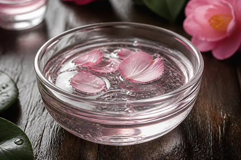 Un bol en verre transparent contient une huile précieuse avec des pétales de camélia, symbolisant les ingrédients naturels de la beauté japonaise.