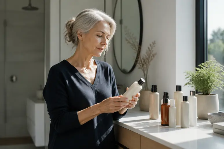 Une femme française aux cheveux gris fins choisit un shampoing adapté dans sa salle de bain lumineuse, ambiance épurée et moderne.