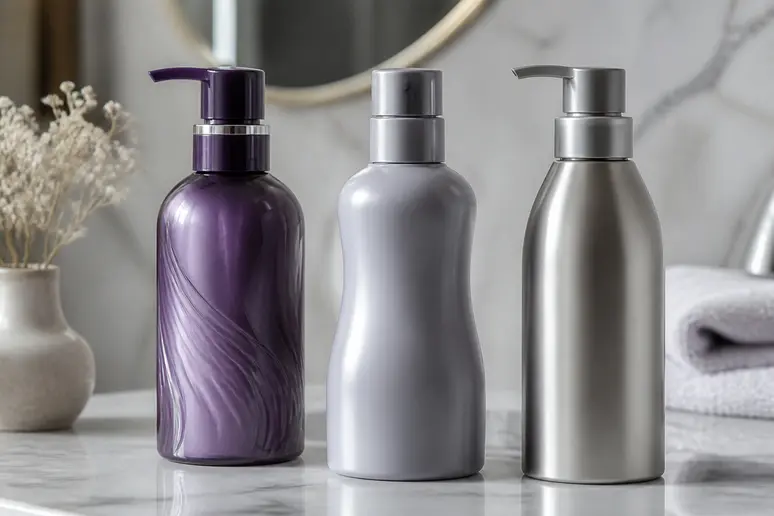 Trois flacons de shampoings violets et argentés pour cheveux gris et blancs sont présentés sur un comptoir de salle de bain en marbre, sous une lumière douce.