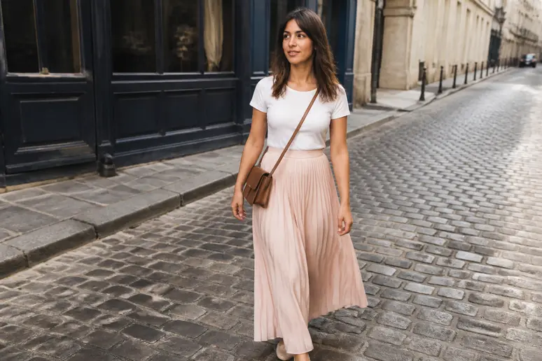 Une Parisienne élégante dans une rue pavée, portant une jupe longue fluide avec un t-shirt ajusté rentré, symbolisant l'équilibre des volumes.