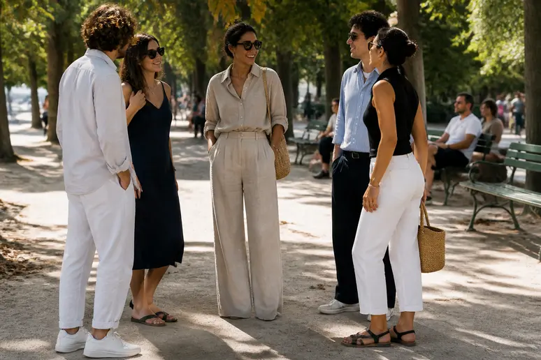 Un groupe d'amis souriants dans un parc parisien, mettant en avant une femme vêtue d'un ensemble monochrome beige allongeant sa silhouette.