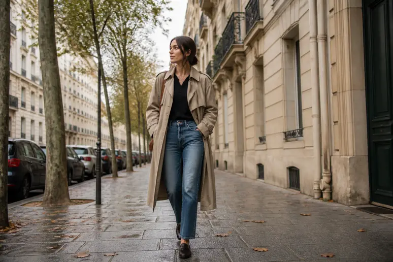 Une femme porte des mocassins en cuir, un indispensable de son dressing, dans les rues de Paris.