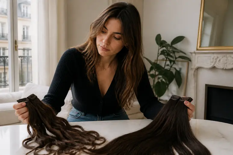 Comparaison d'extensions naturelles et synthétiques pour cheveux, une femme choisit sa clip-extension-cheveux.