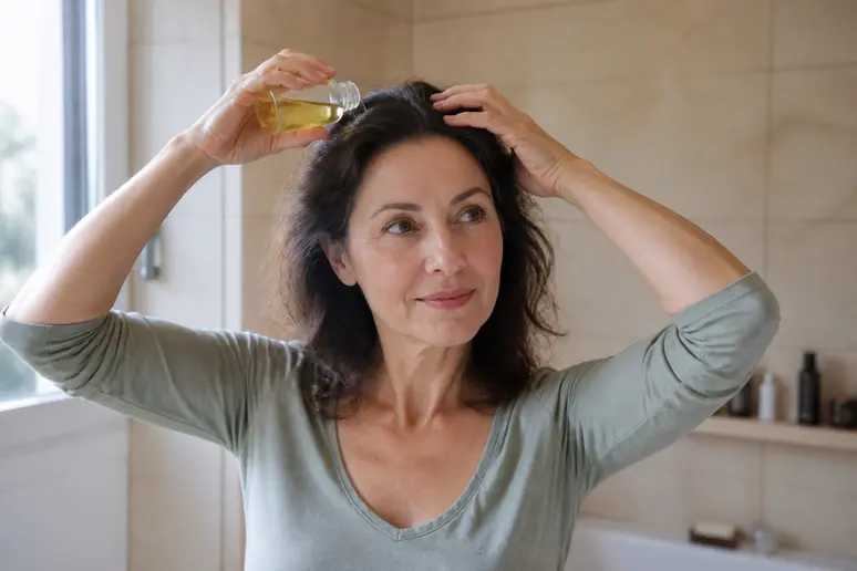 Bienfaits de l'huile de jojoba sur les cheveux : soin doux du cuir chevelu par une femme.