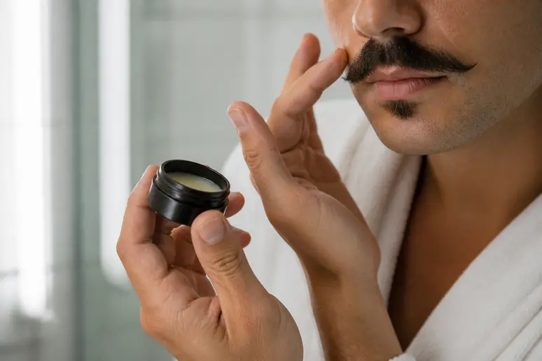 Application d'un produit pour fixer une moustache fine, geste essentiel de l'entretien quotidien.