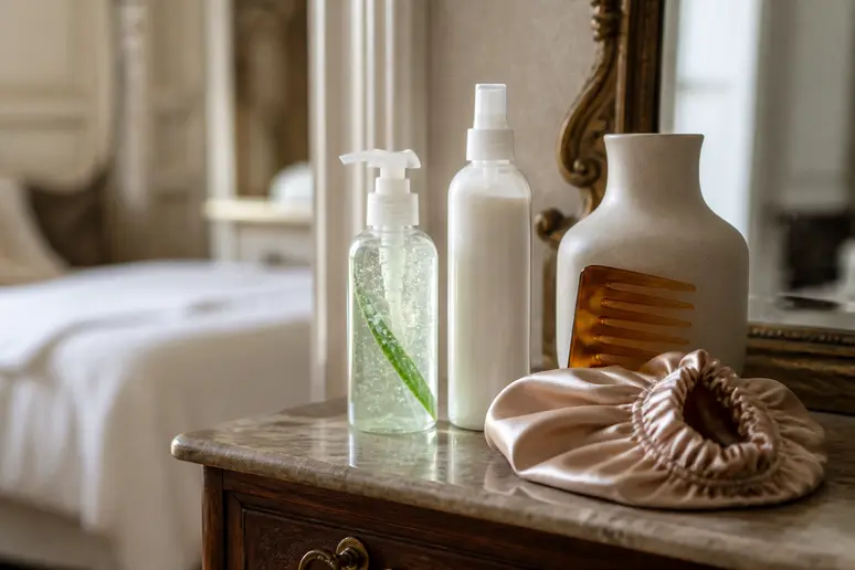 Routine de soins pour nourrir et hydrater les boucles avant de dormir, favorisant le protéger ses boucles la nuit.