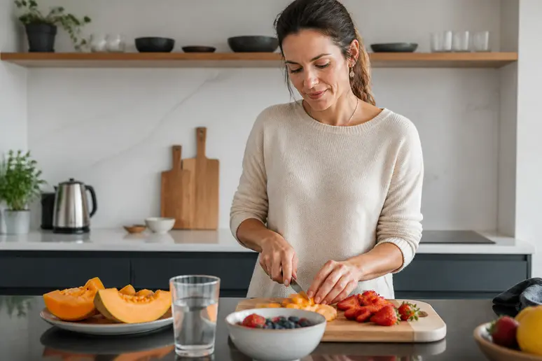 Femme préparant un petit-déjeuner sain, intégrant des fruits frais pour lutter contre les ridules de déshydratation.