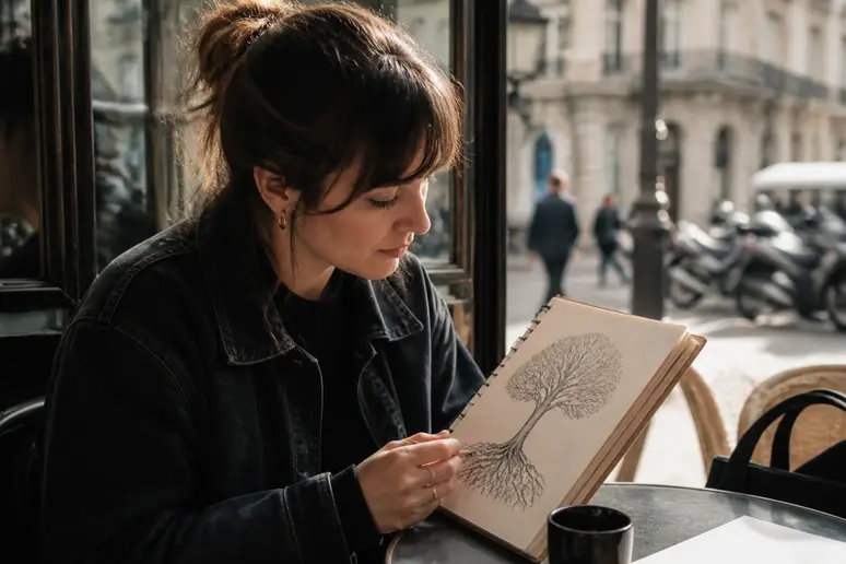 Une jeune femme réfléchit au dessin d'un arbre de vie tatouage signification sur son carnet.