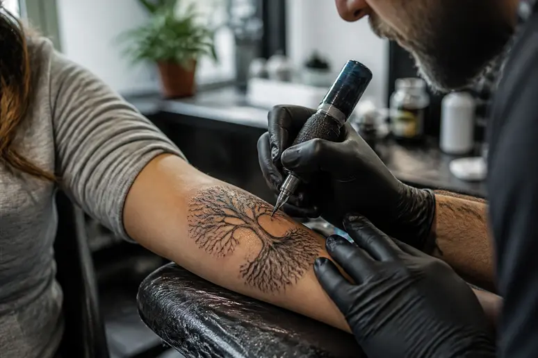 Un tatoueur expérimenté dépose un arbre de vie tatouage signification sur un avant-bras.