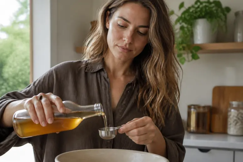Préparation d'un rinçage au vinaigre de cidre pour entretenir le balayage à l'argile, éclat naturel.