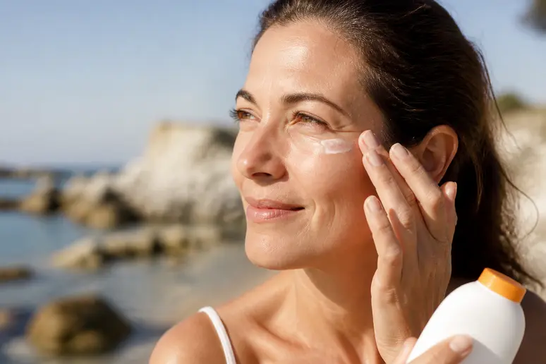 Application d'une crème solaire protectrice sur le visage après une blépharoplastie médicale