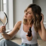Femme aux cheveux couleur blond foncé cendré examinant sa chevelure lumineuse près d'une fenêtre.