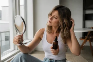 Femme aux cheveux couleur blond foncé cendré examinant sa chevelure lumineuse près d'une fenêtre.