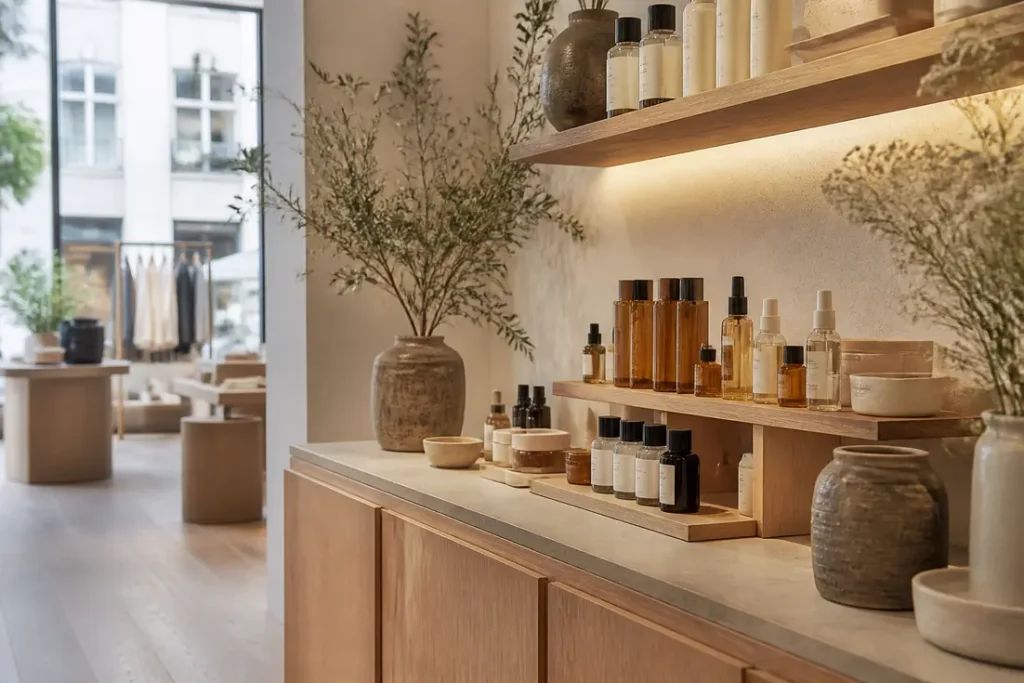 Présentation soignée de produits de beauté sur une étagère en bois dans une boutique calipige.