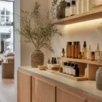 Présentation soignée de produits de beauté sur une étagère en bois dans une boutique calipige.