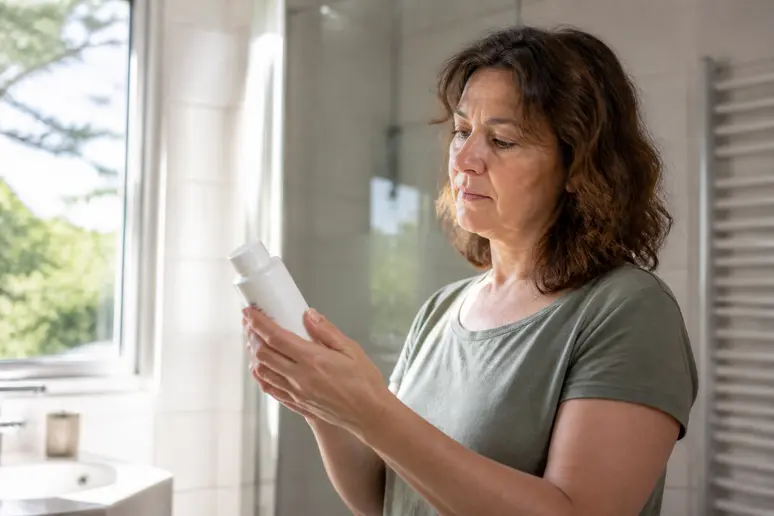 Femme française scrutant une liste d'ingrédients sur un flacon de shampoing pour cheveux ondulés femme.