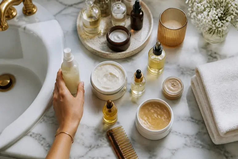 Ensemble de produits pour coiffer cheveux frisés sans frisottis, adaptés à toutes les porosités.