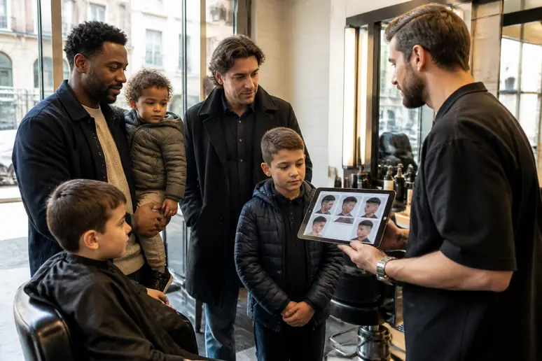 Parents et enfants discutent de coiffure courte garçon dans un salon moderne.