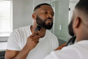 Un homme soigneusement taillé son collier de barbe devant un miroir de salle de bain lumineuse