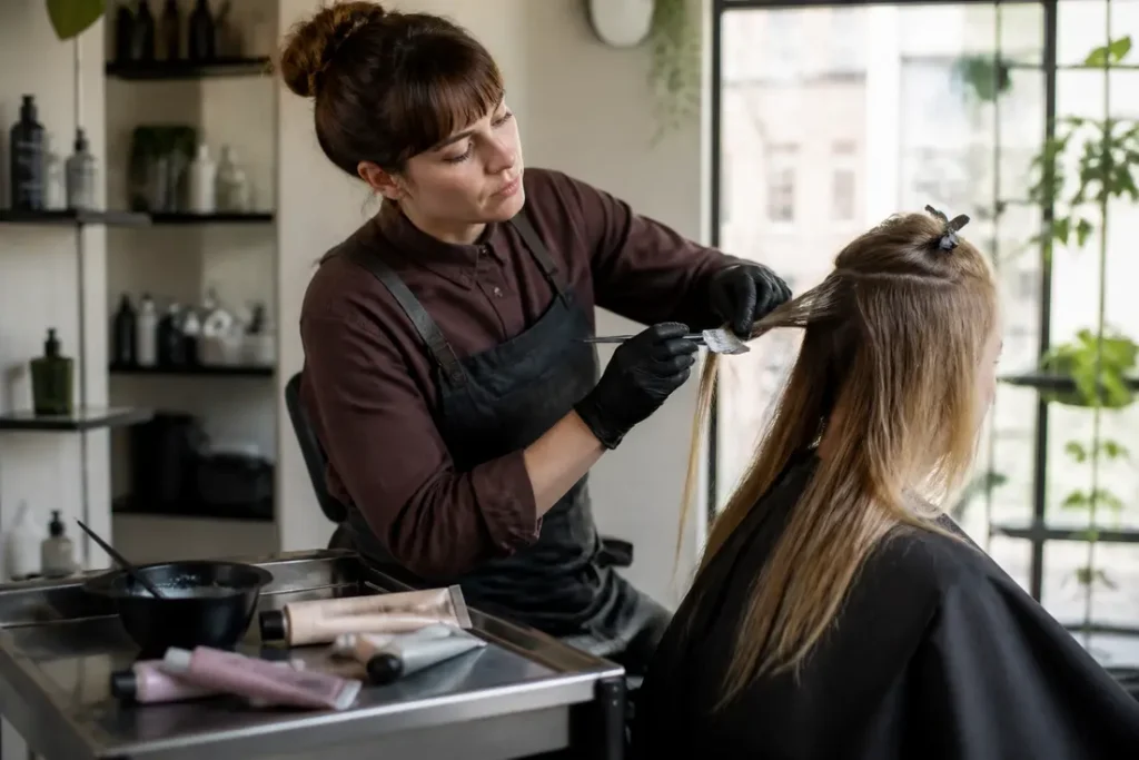 Un coloriste professionnel applique de la coloration sur les cheveux d'une cliente dans un salon moderne.