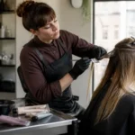 Un coloriste professionnel applique de la coloration sur les cheveux d'une cliente dans un salon moderne.
