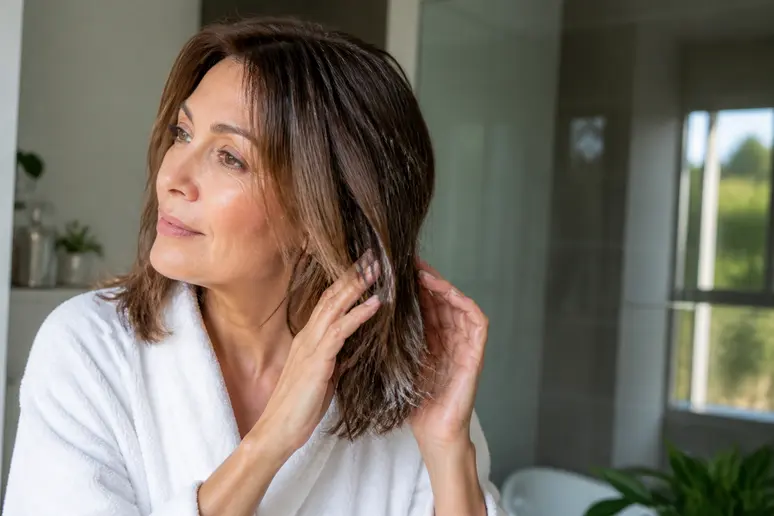 Conseils coupe cheveux mi long dégradé effilé avec frange 50 ans : femme appliquant un soin.