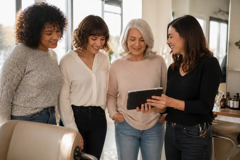 Trois femmes discutent de leur coupe mi-longue femme idéale avec une coiffeuse en salon.