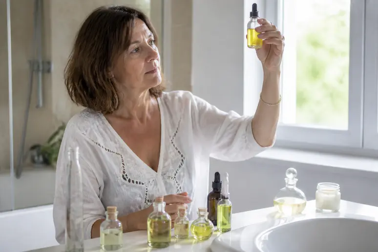 Choix d'huiles végétales pour un duo huile pousse cheveux par une femme soucieuse de ses soins capillaires.
