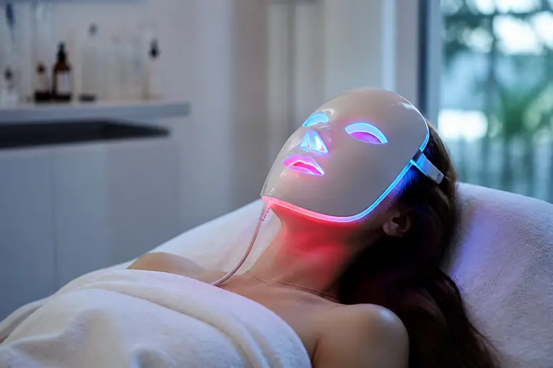 Utilisation d'un masque LED lumineux lors d'un soin skincare du visage en salon