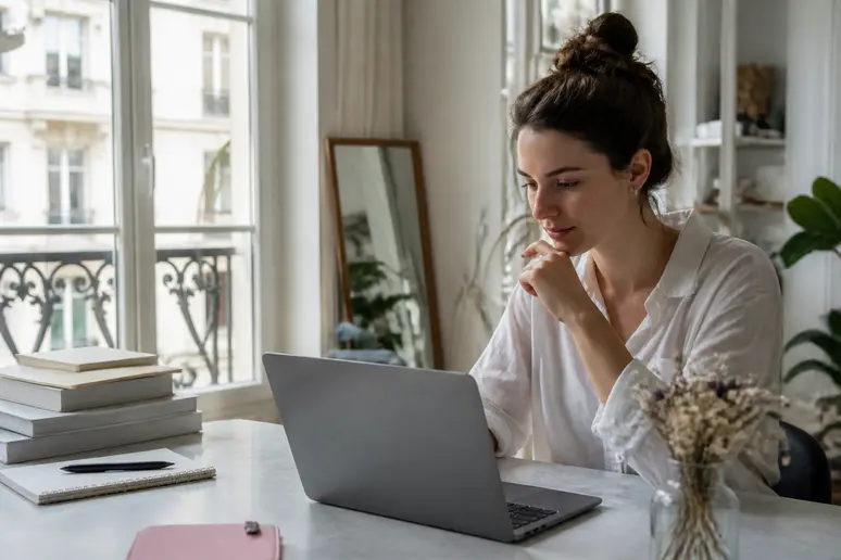 Jeune femme suivant une formation esthétique à distance cpf avec concentration depuis son appartement.