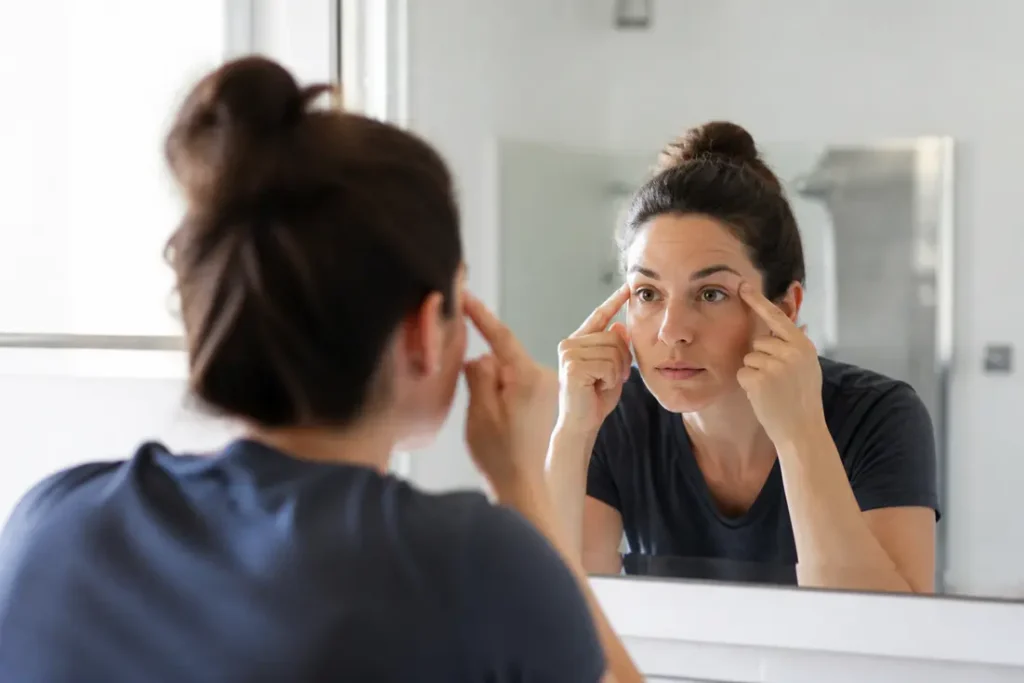 femme examinant la distance entre ses yeux dans un miroir pour comprendre les formes yeux