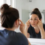 femme examinant la distance entre ses yeux dans un miroir pour comprendre les formes yeux