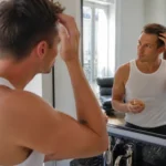 Gominer les cheveux : gomina, gel, cire ou pomade ? homme appliquant de la cire pour gominer cheveux devant un miroir lumineux