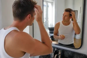 homme appliquant de la cire pour gominer cheveux devant un miroir lumineux