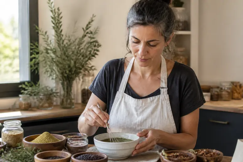 Préparation du henné pour couvrir les cheveux blancs, mélange naturel en cuisine française.