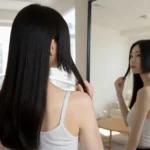Jeune femme aux cheveux longs montrant le style hime cut hair dans un salon lumineux.
