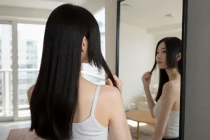 Jeune femme aux cheveux longs montrant le style hime cut hair dans un salon lumineux.
