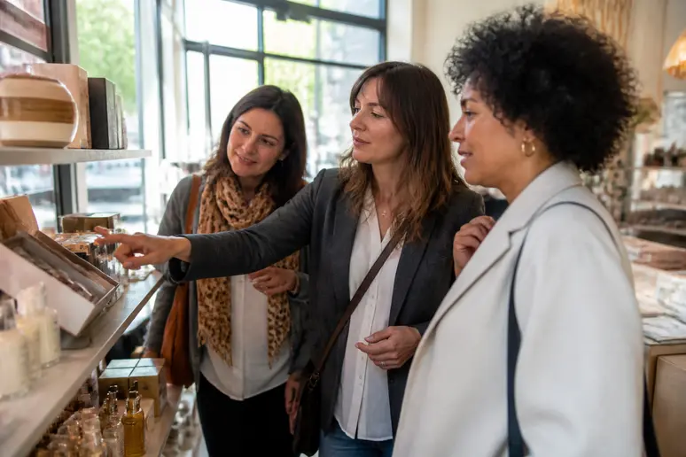 Idées cadeau anniversaire pour femme : femmes choisissant un coffret beauté dans une boutique moderne, représentant différents budgets.