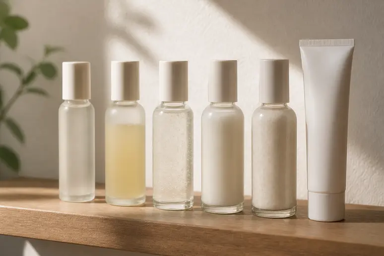 Flacons de lotion, essence et sérum alignés pour illustrer la hiérarchie des textures.