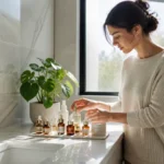 bouteilles de cosmétiques et flacons de soins sur un comptoir en marbre pour une routine layering skincare