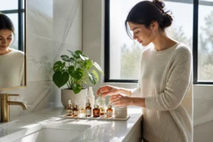 bouteilles de cosmétiques et flacons de soins sur un comptoir en marbre pour une routine layering skincare