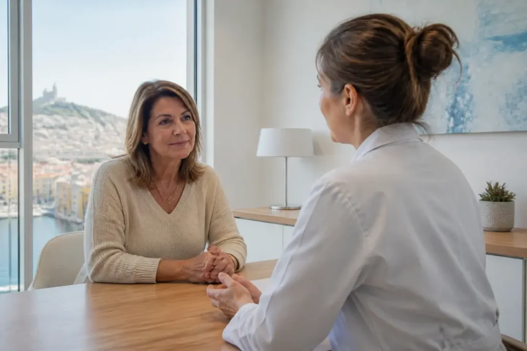 Patiente en consultation médicale pour un lifting visage prix dans un cabinet lumineux
