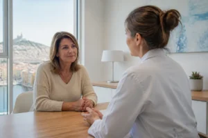 Patiente en consultation médicale pour un lifting visage prix dans un cabinet lumineux