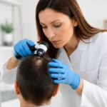 Un dermatologue examine le cuir chevelu d'un patient pour détecter la présence de malassezia.