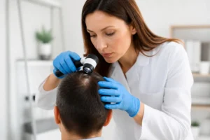 Un dermatologue examine le cuir chevelu d'un patient pour détecter la présence de malassezia.