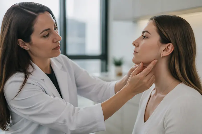 Examen médical du profil de la mâchoire pour évaluer un menton fuyant en consultation.